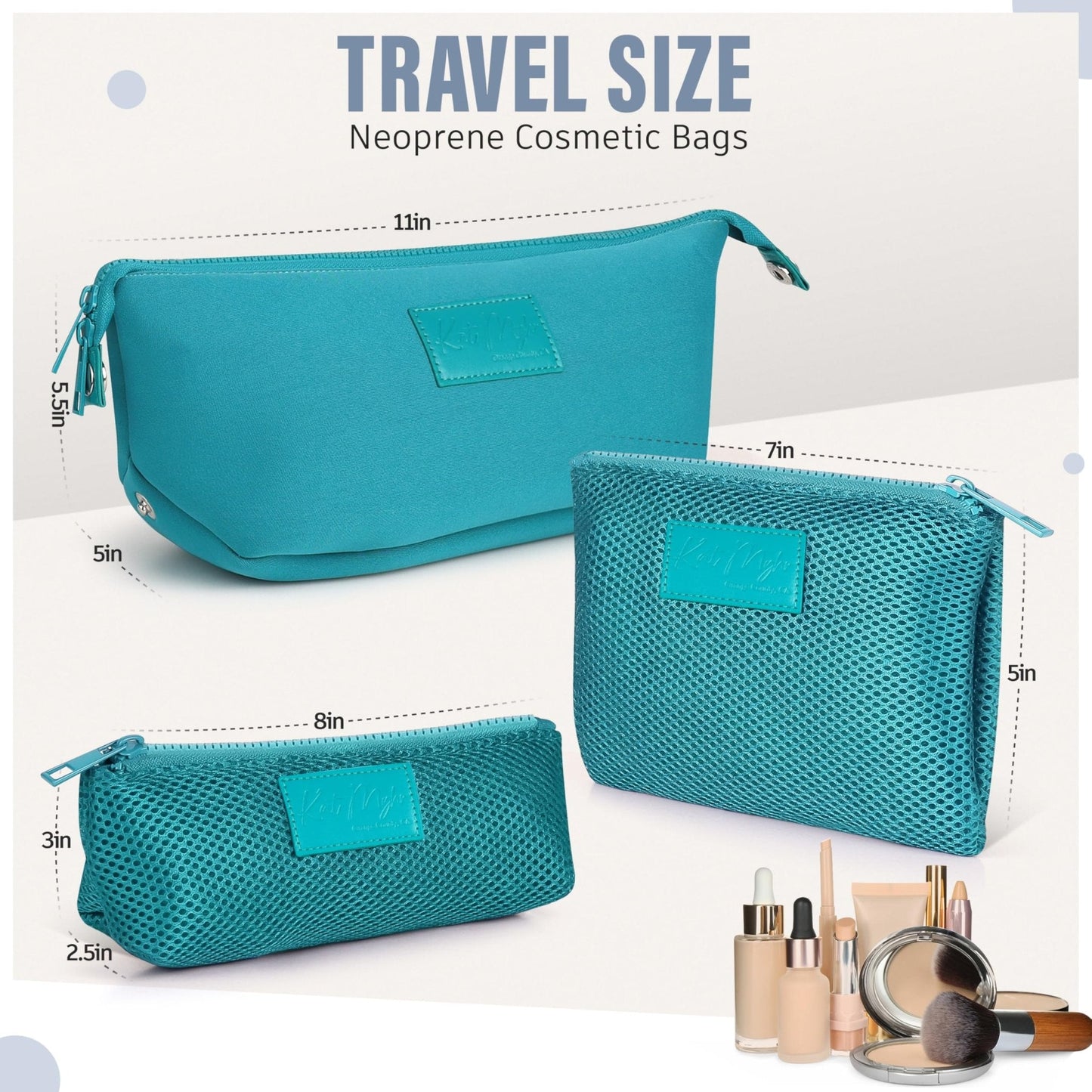 Kat Myhr Neoprene Washable Travel Makeup & Cosmetic Bag Set, 2 Air Mesh Pouches,100% Neoprene Toiletry Bag, Large Water Resistant Travel Bag for Toiletries, Makeup Cosmetic Travel Bag (Turquoise)