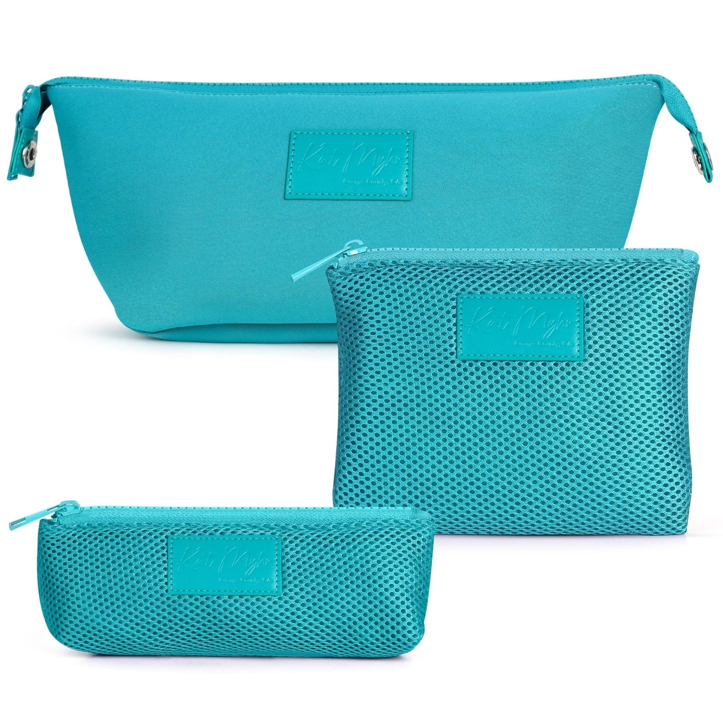Kat Myhr Neoprene Washable Travel Makeup & Cosmetic Bag Set, 2 Air Mesh Pouches,100% Neoprene Toiletry Bag, Large Water Resistant Travel Bag for Toiletries, Makeup Cosmetic Travel Bag (Turquoise)