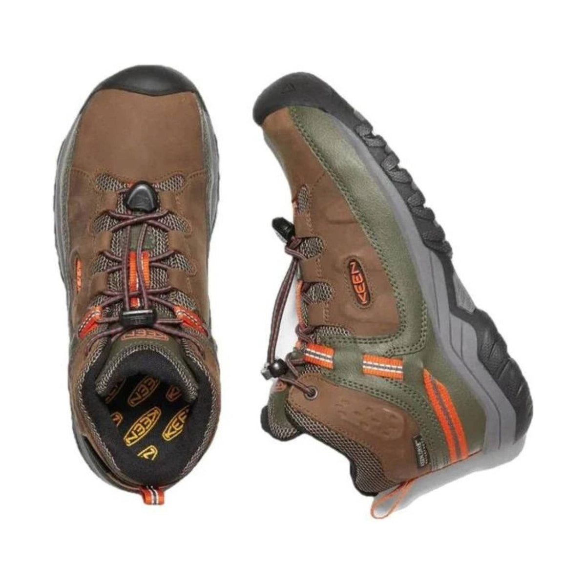 KEEN Big Kids' Targhee Mid Waterproof Hiking Boot - Dark Earth/Forest Night/Orange - ONLINE STORE CREDIT/EXCHANGE ONLY