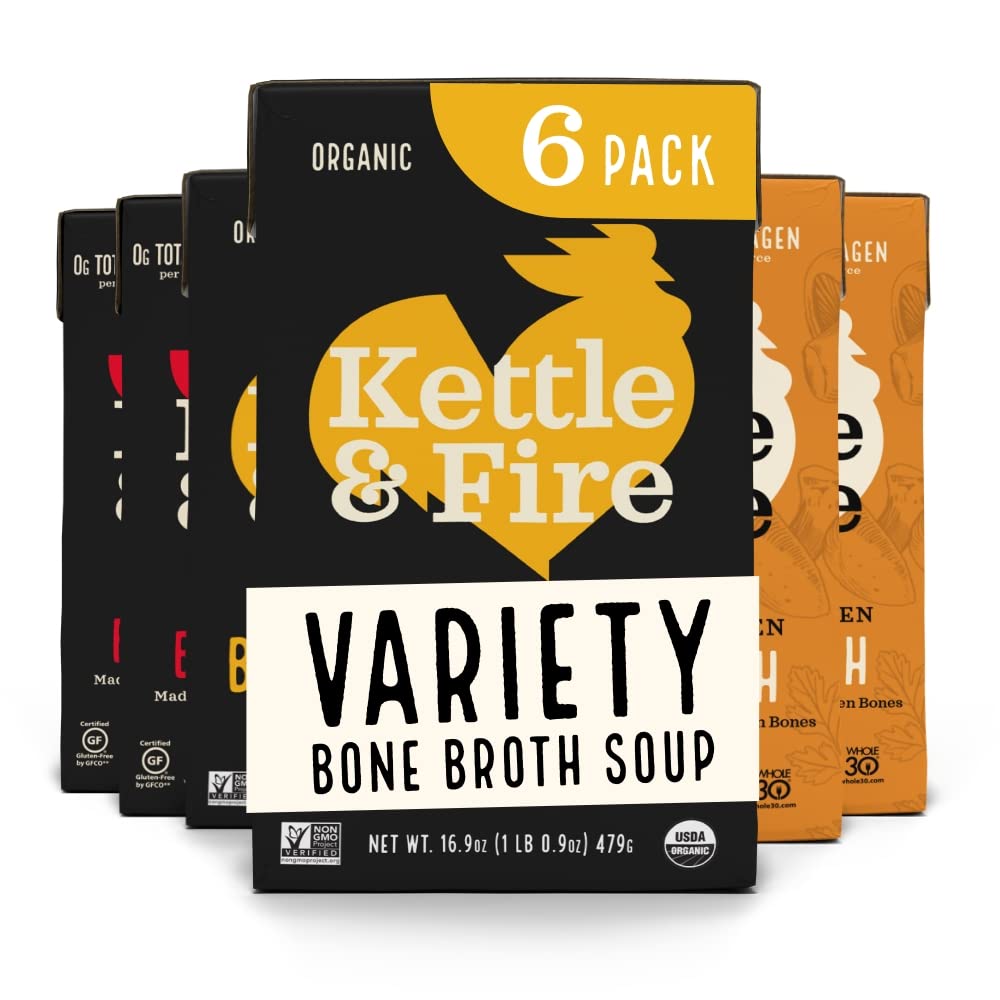 Kettle & Fire Mushroom, Beef & Chicken Bone Broth Variety Pack – 6-Pack | Keto, Paleo, Whole30 Approved