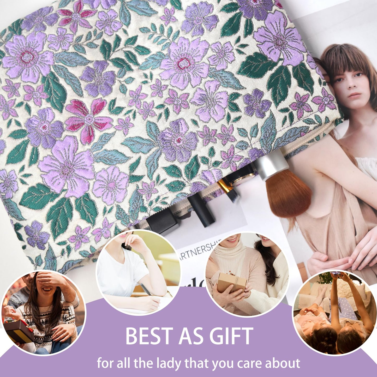KeYaMee Make Up Bag Cosmetic Bags for Travel Women Floral Organizer Pouch