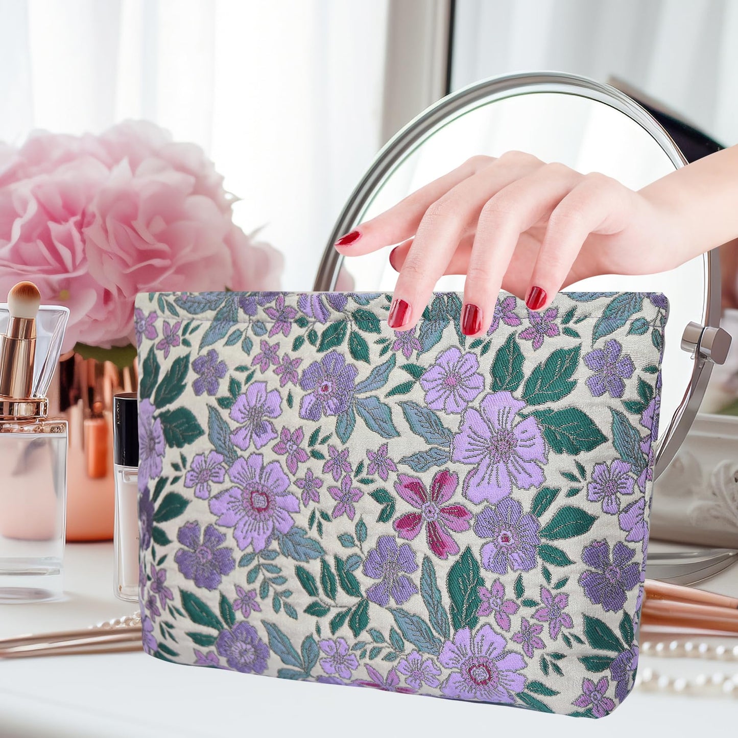 KeYaMee Make Up Bag Cosmetic Bags for Travel Women Floral Organizer Pouch