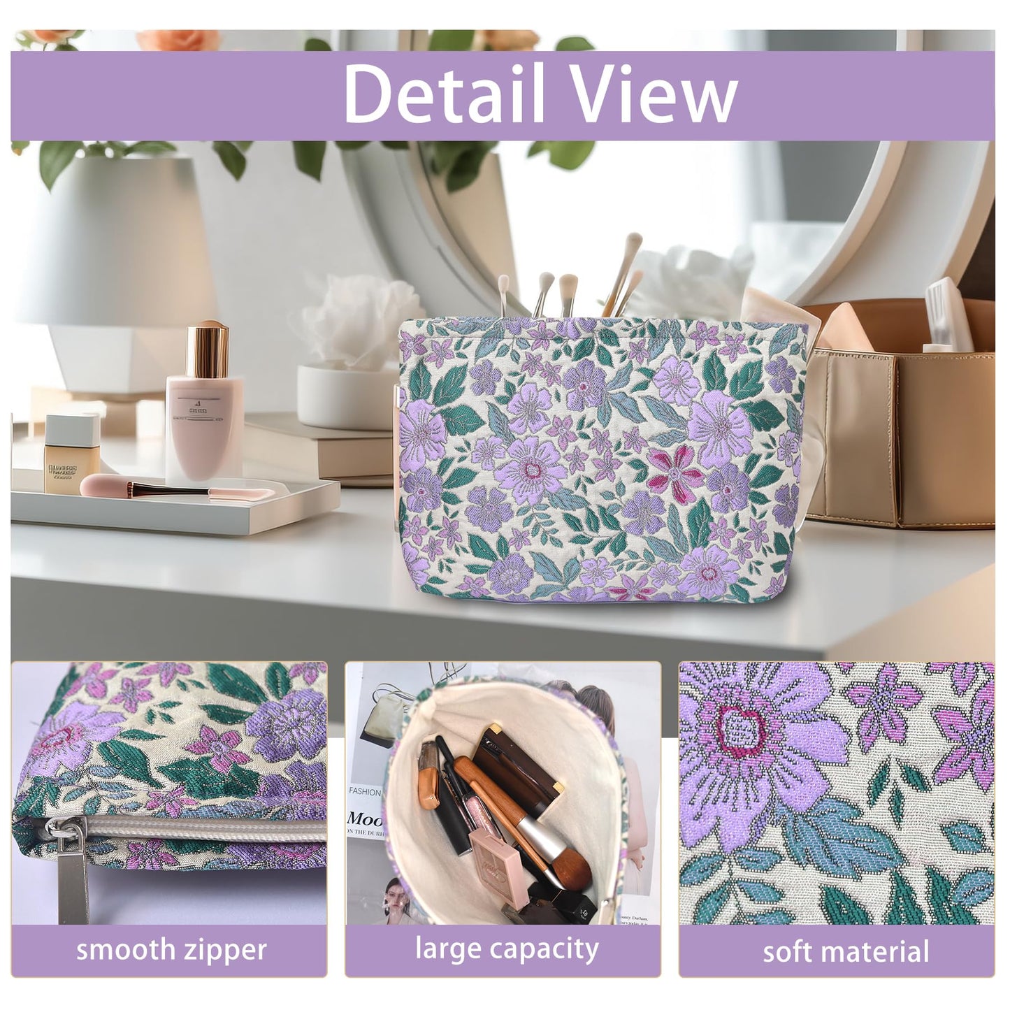 KeYaMee Make Up Bag Cosmetic Bags for Travel Women Floral Organizer Pouch