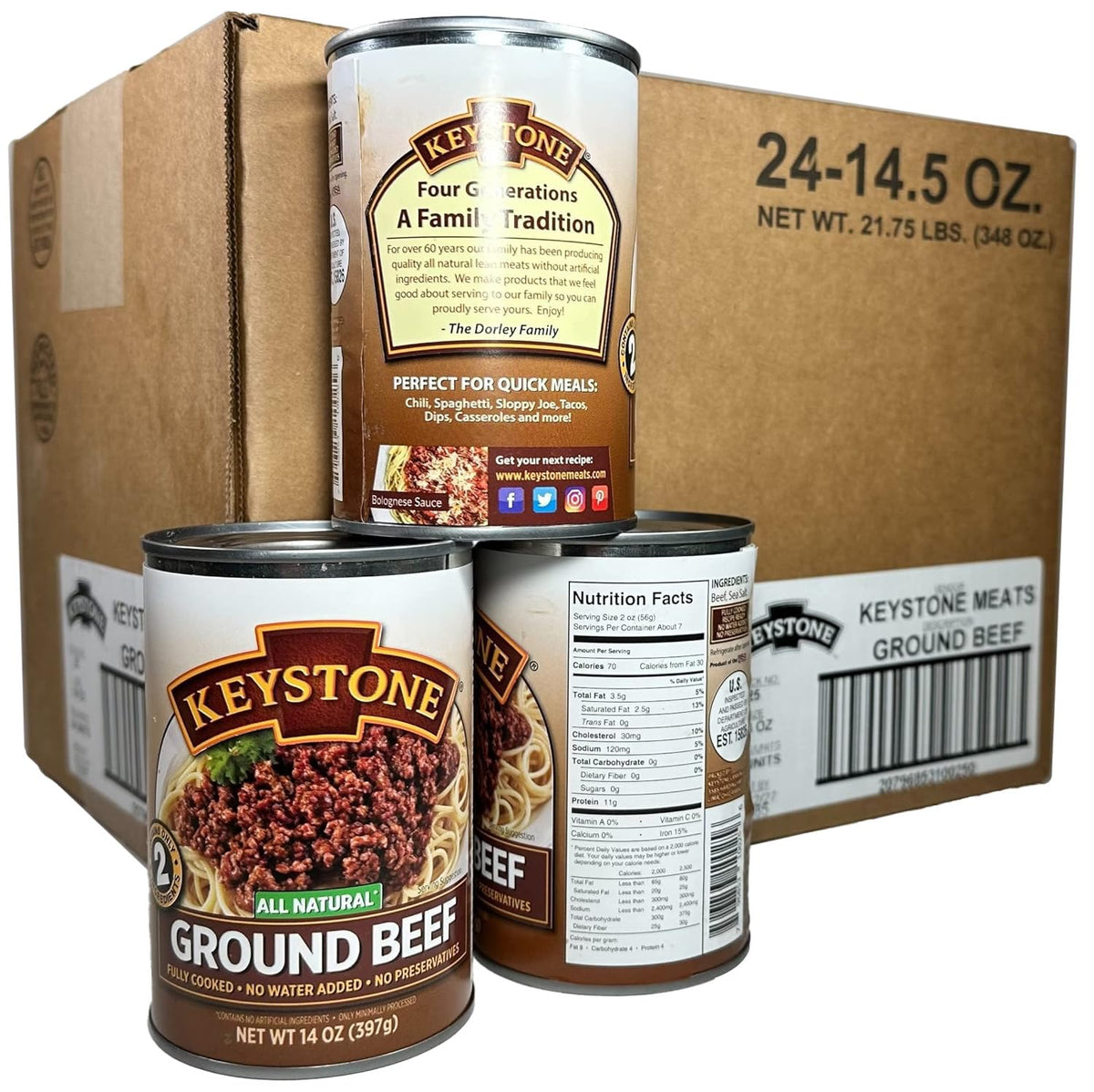 Keystone Meats All Natural Heat-and-Serve Ground Beef 14 oz – Fully Cooked, Shelf-Stable Canned Meat – Made in USA (Pack of 24)