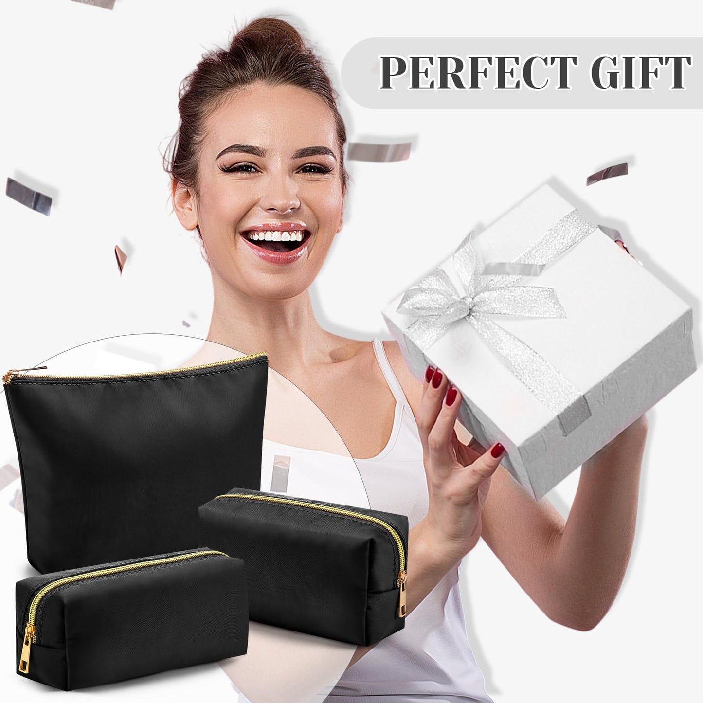 Kigeli 3 Pcs Nylon Makeup Bag Set for Women Aesthetic Cosmetic Bag with Interior Pocketes Preppy Cute Purse Pouch Makeup Brushes Storage Organizer for Travel(Black)