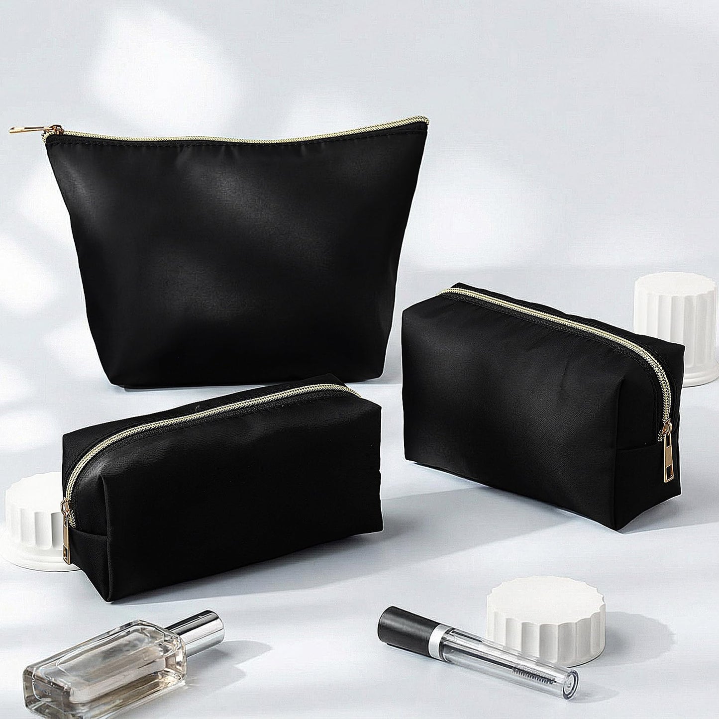 Kigeli 3 Pcs Nylon Makeup Bag Set for Women Aesthetic Cosmetic Bag with Interior Pocketes Preppy Cute Purse Pouch Makeup Brushes Storage Organizer for Travel(Black)