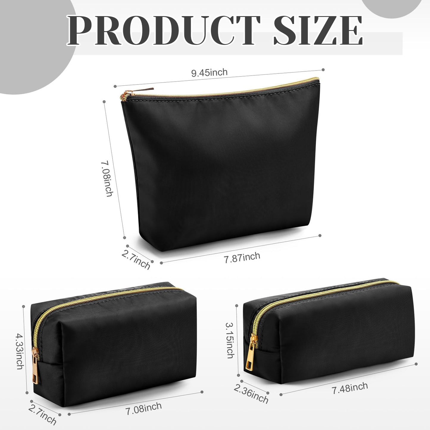 Kigeli 3 Pcs Nylon Makeup Bag Set for Women Aesthetic Cosmetic Bag with Interior Pocketes Preppy Cute Purse Pouch Makeup Brushes Storage Organizer for Travel(Black)