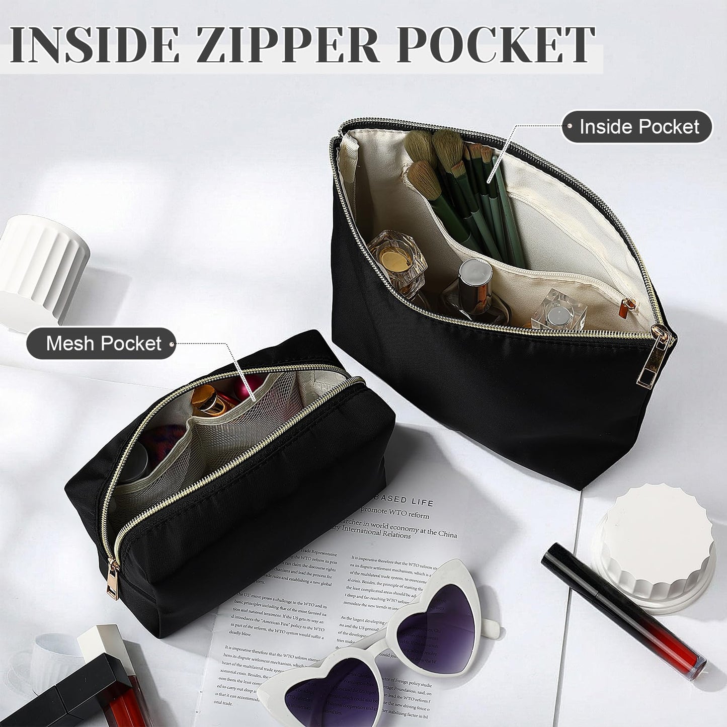 Kigeli 3 Pcs Nylon Makeup Bag Set for Women Aesthetic Cosmetic Bag with Interior Pocketes Preppy Cute Purse Pouch Makeup Brushes Storage Organizer for Travel(Black)