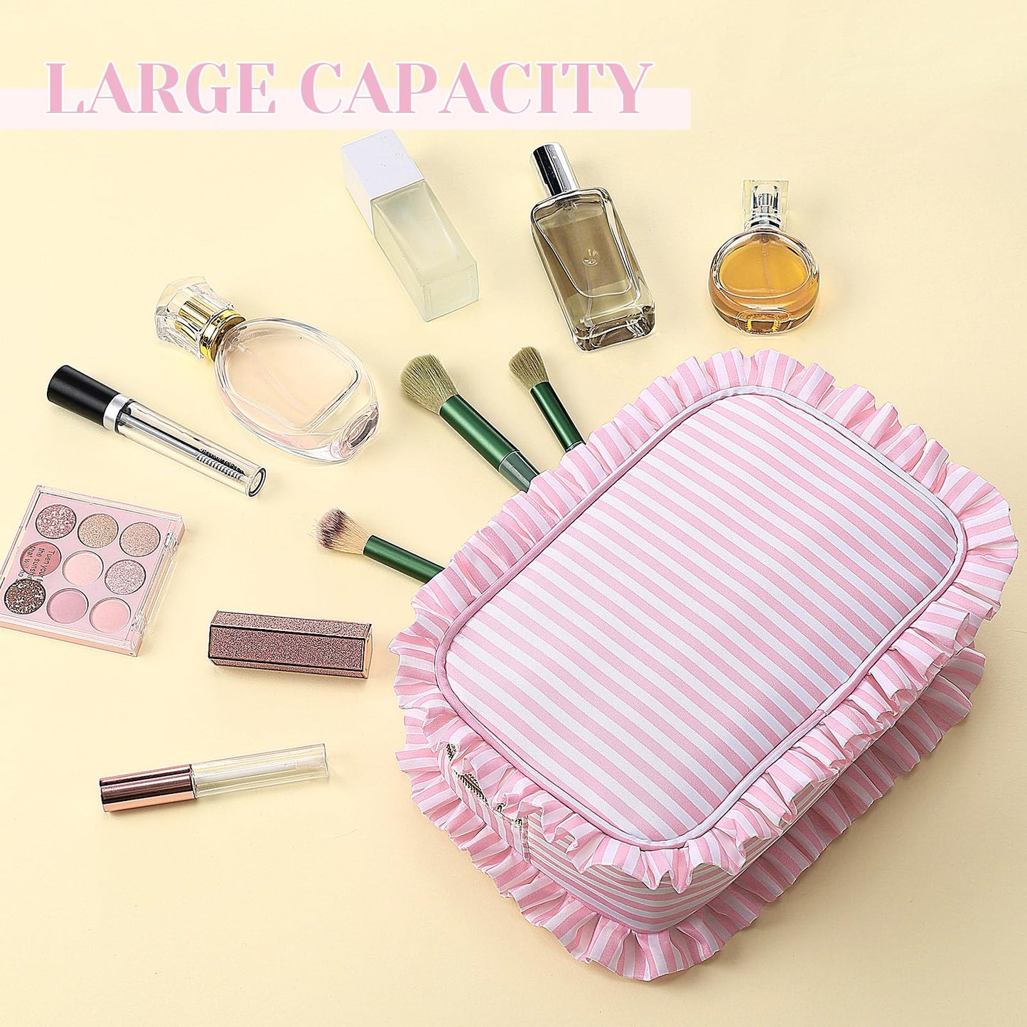 Kigeli Ruffle Makeup Bag Preppy Makeup Pouch Large Travel Cosmetic Bag Nylon Waterproof Toiletry Make up Organizer for Women(Striped,Pink)