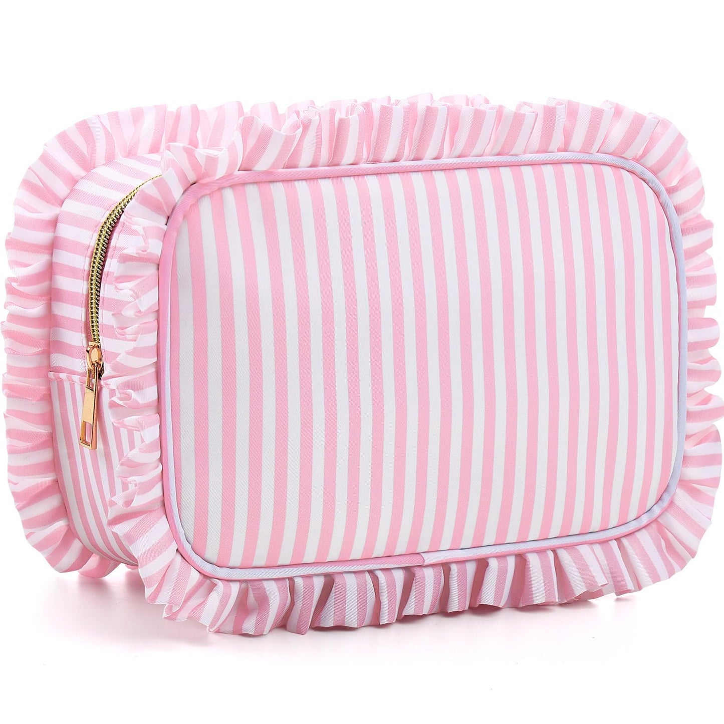 Kigeli Ruffle Makeup Bag Preppy Makeup Pouch Large Travel Cosmetic Bag Nylon Waterproof Toiletry Make up Organizer for Women(Striped,Pink)