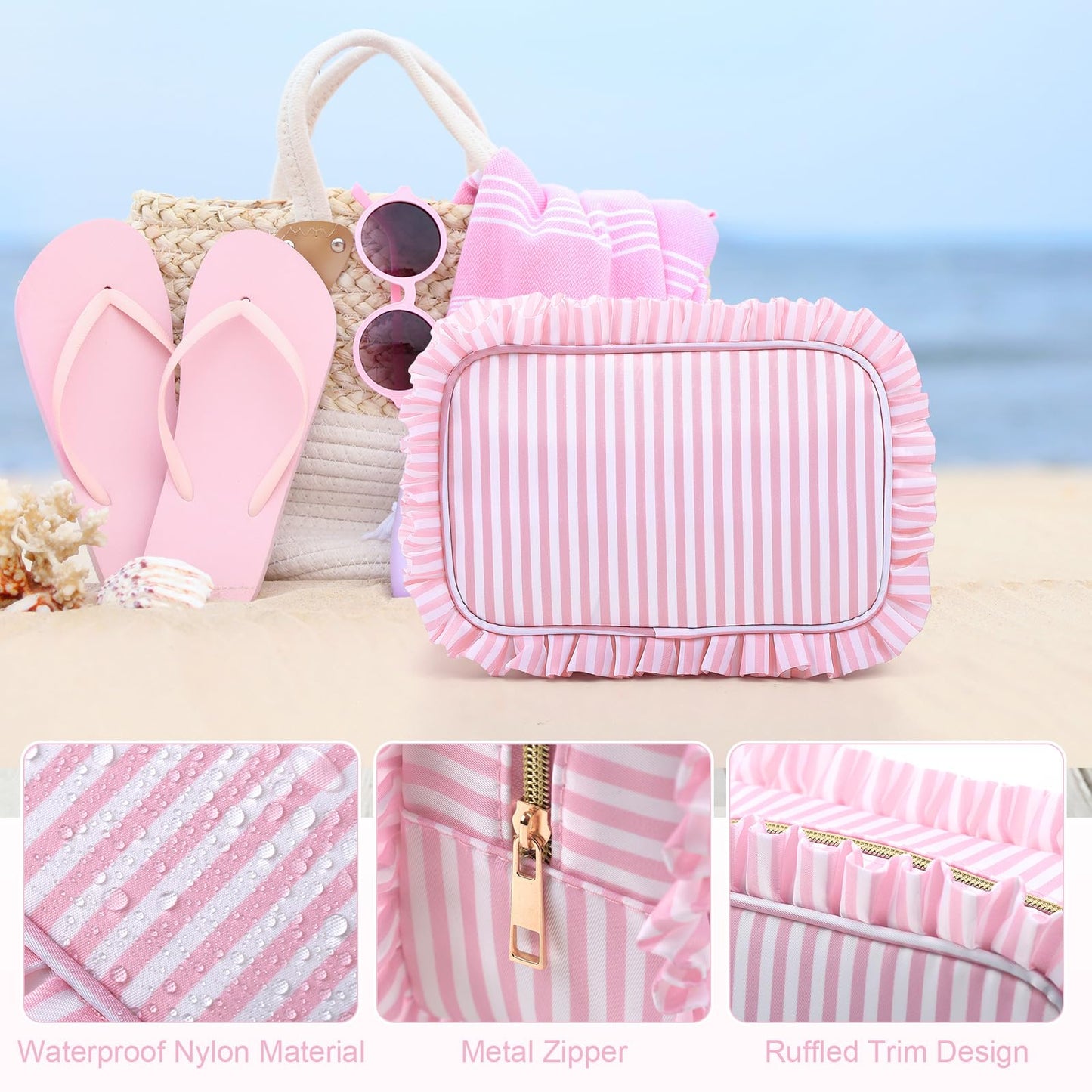 Kigeli Ruffle Makeup Bag Preppy Makeup Pouch Large Travel Cosmetic Bag Nylon Waterproof Toiletry Make up Organizer for Women(Striped,Pink)