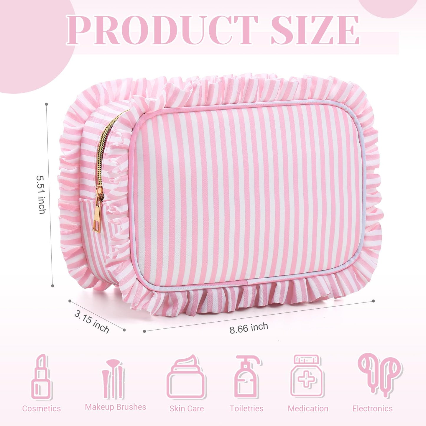 Kigeli Ruffle Makeup Bag Preppy Makeup Pouch Large Travel Cosmetic Bag Nylon Waterproof Toiletry Make up Organizer for Women(Striped,Pink)