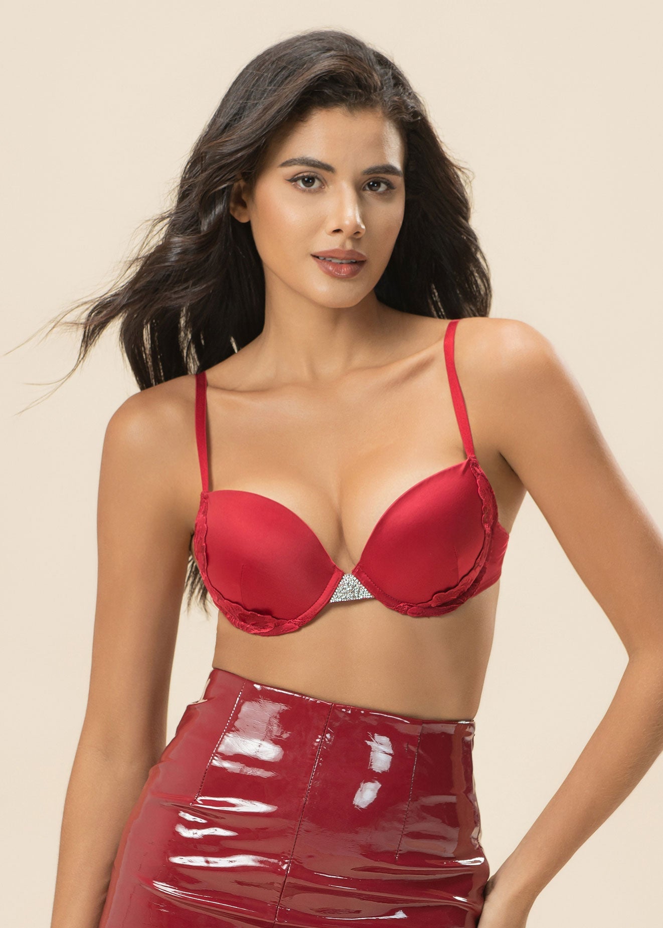 KIMBERLEY Red Lace Push-Up Wired Demi Bra