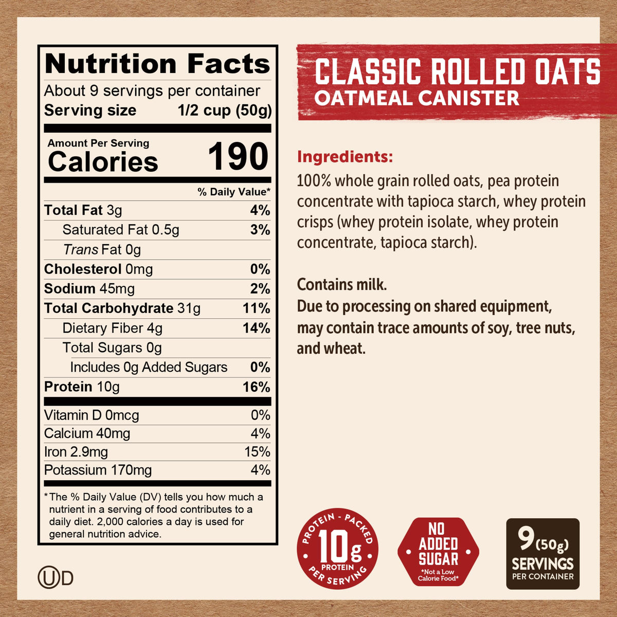 Kodiak Cakes Oatmeal Canister – Rolled Oats, 16oz, High Protein, 100% Whole Grains (12 Canisters)