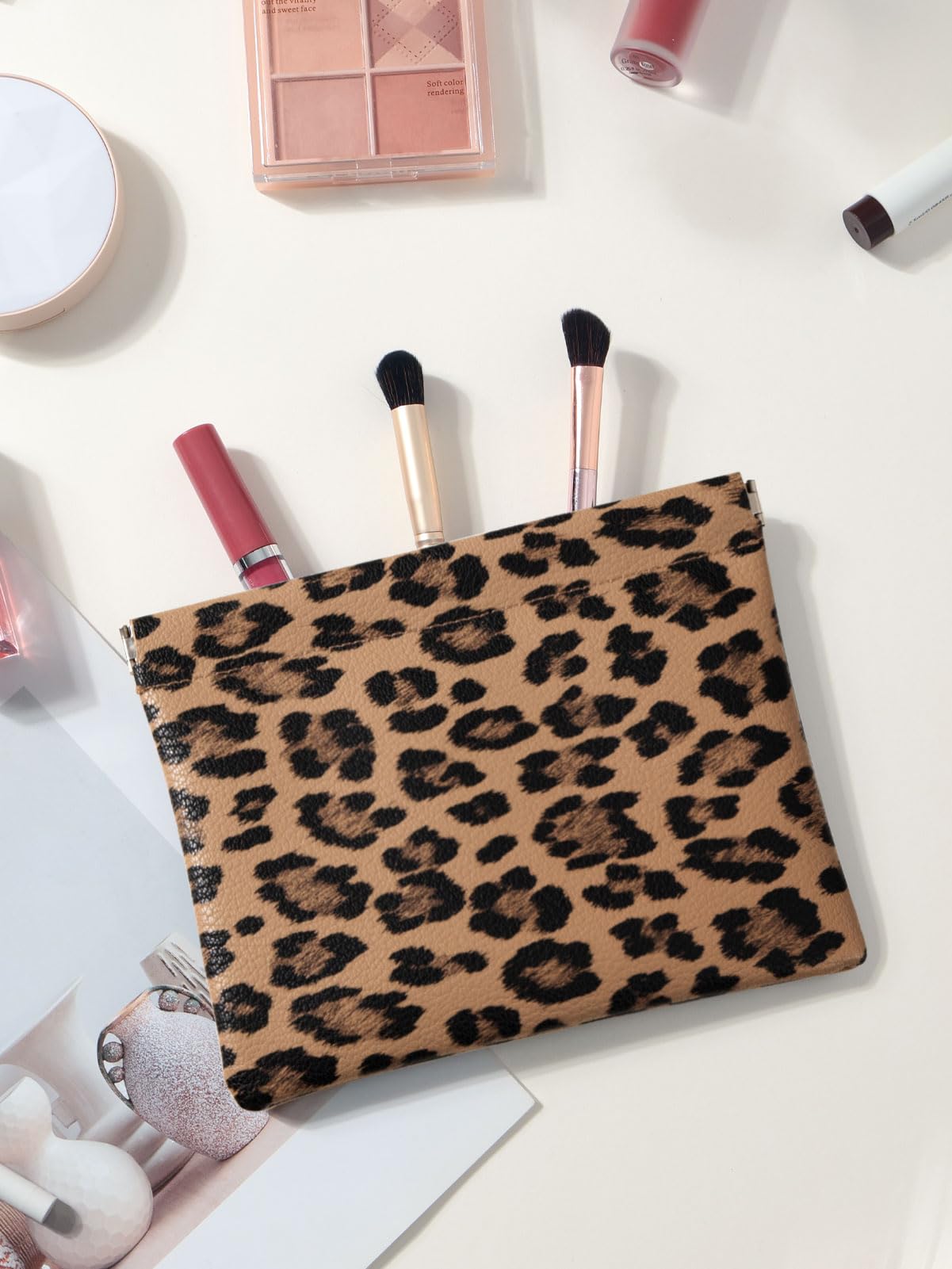 Ksriylm Leopard Leather Small Makeup Pouch for Women,Cosmetic Accessories Organizer,Waterproof and Portable Cosmetic Bag,Self-closing, No Zipper, Aesthetic Storage Pouch,Lipstick for Purse,Brown