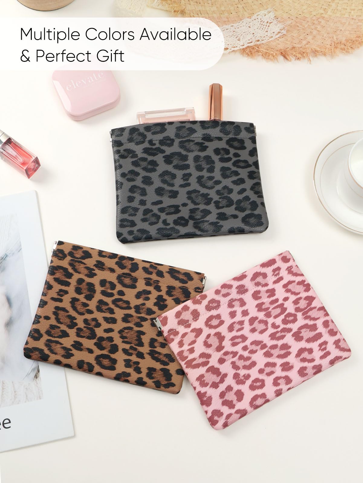 Ksriylm Leopard Leather Small Makeup Pouch for Women,Cosmetic Accessories Organizer,Waterproof and Portable Cosmetic Bag,Self-closing, No Zipper, Aesthetic Storage Pouch,Lipstick for Purse,Brown
