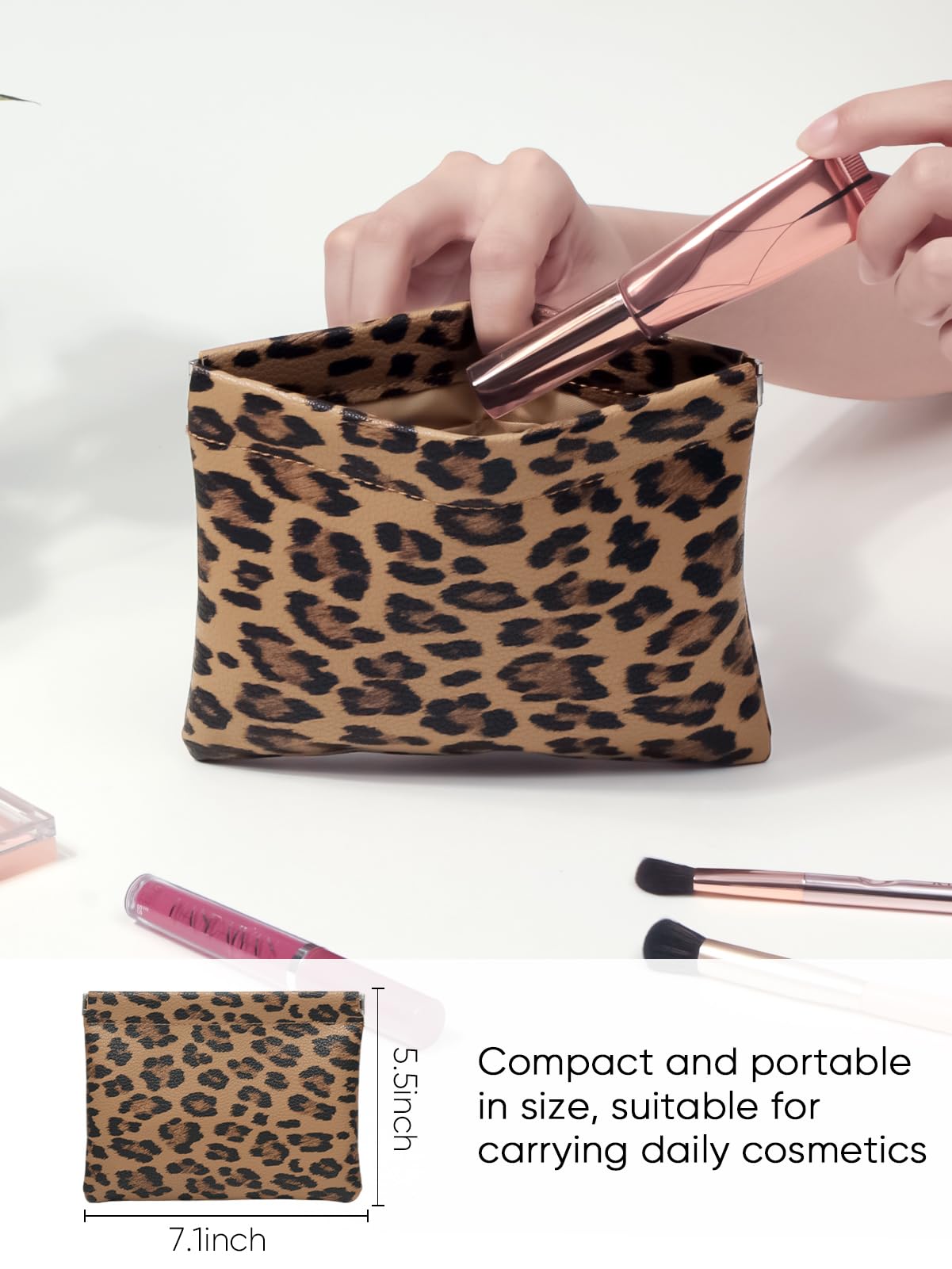 Ksriylm Leopard Leather Small Makeup Pouch for Women,Cosmetic Accessories Organizer,Waterproof and Portable Cosmetic Bag,Self-closing, No Zipper, Aesthetic Storage Pouch,Lipstick for Purse,Brown