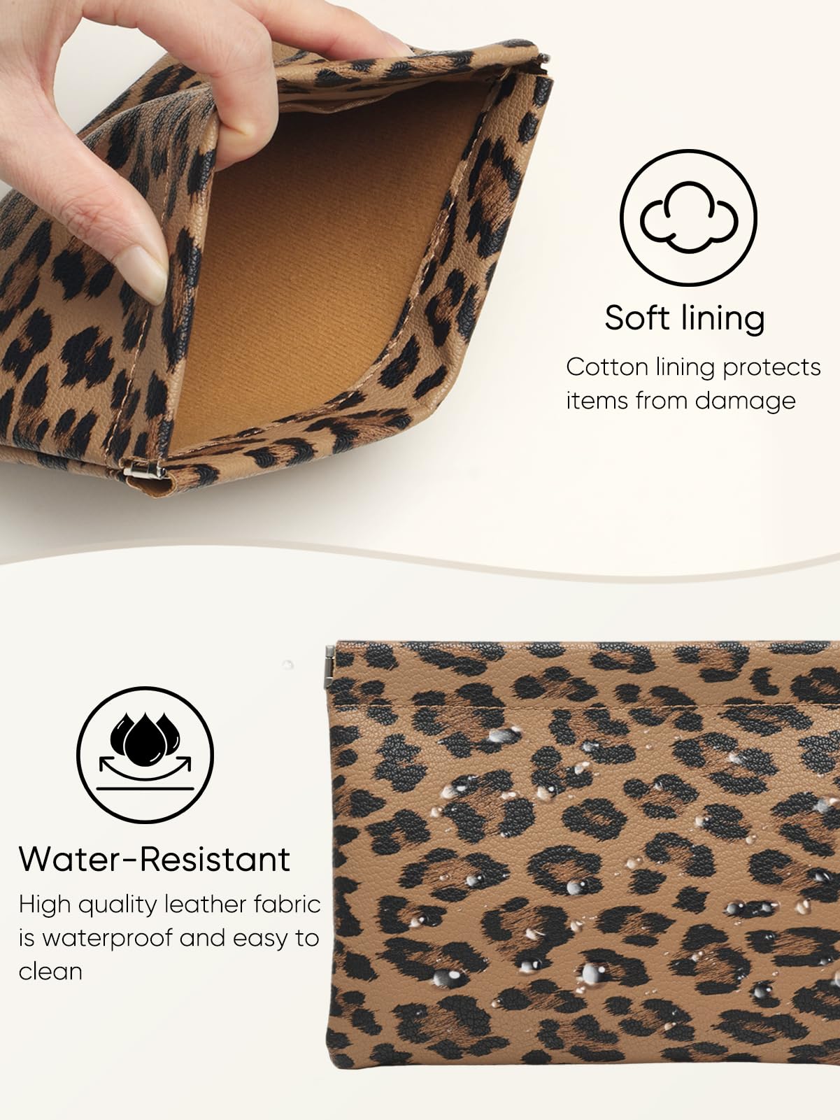 Ksriylm Leopard Leather Small Makeup Pouch for Women,Cosmetic Accessories Organizer,Waterproof and Portable Cosmetic Bag,Self-closing, No Zipper, Aesthetic Storage Pouch,Lipstick for Purse,Brown