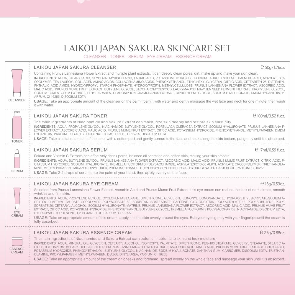 LAIKOU Skin Care Set JAPAN SAKURA Women Beauty Gift Sets Skin Care Kit 5pcs
