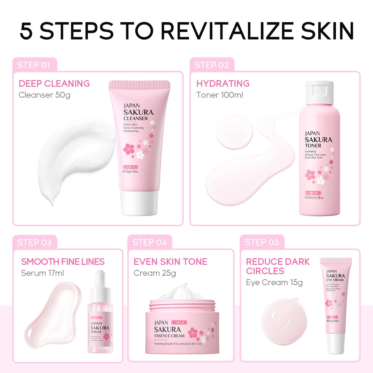 LAIKOU Skin Care Set JAPAN SAKURA Women Beauty Gift Sets Skin Care Kit 5pcs