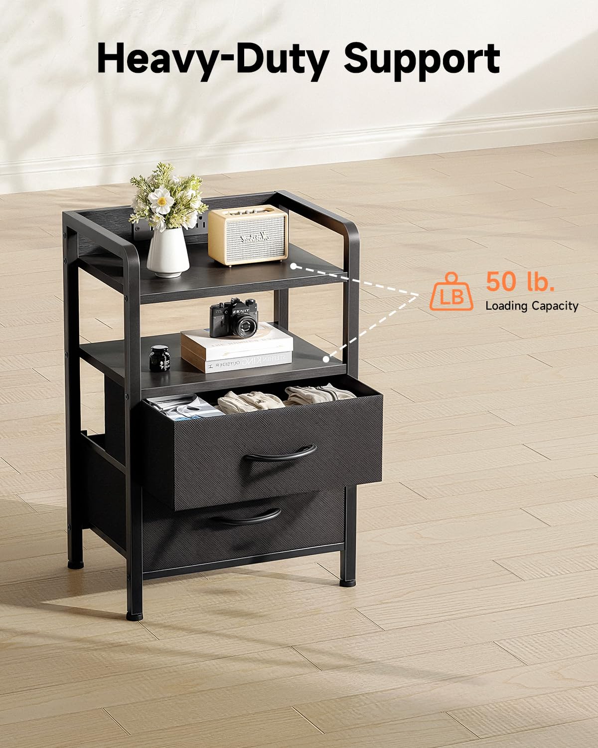 Lazzanto Nightstand with Rear Charging Station, LED Light, 2 Drawers, Black