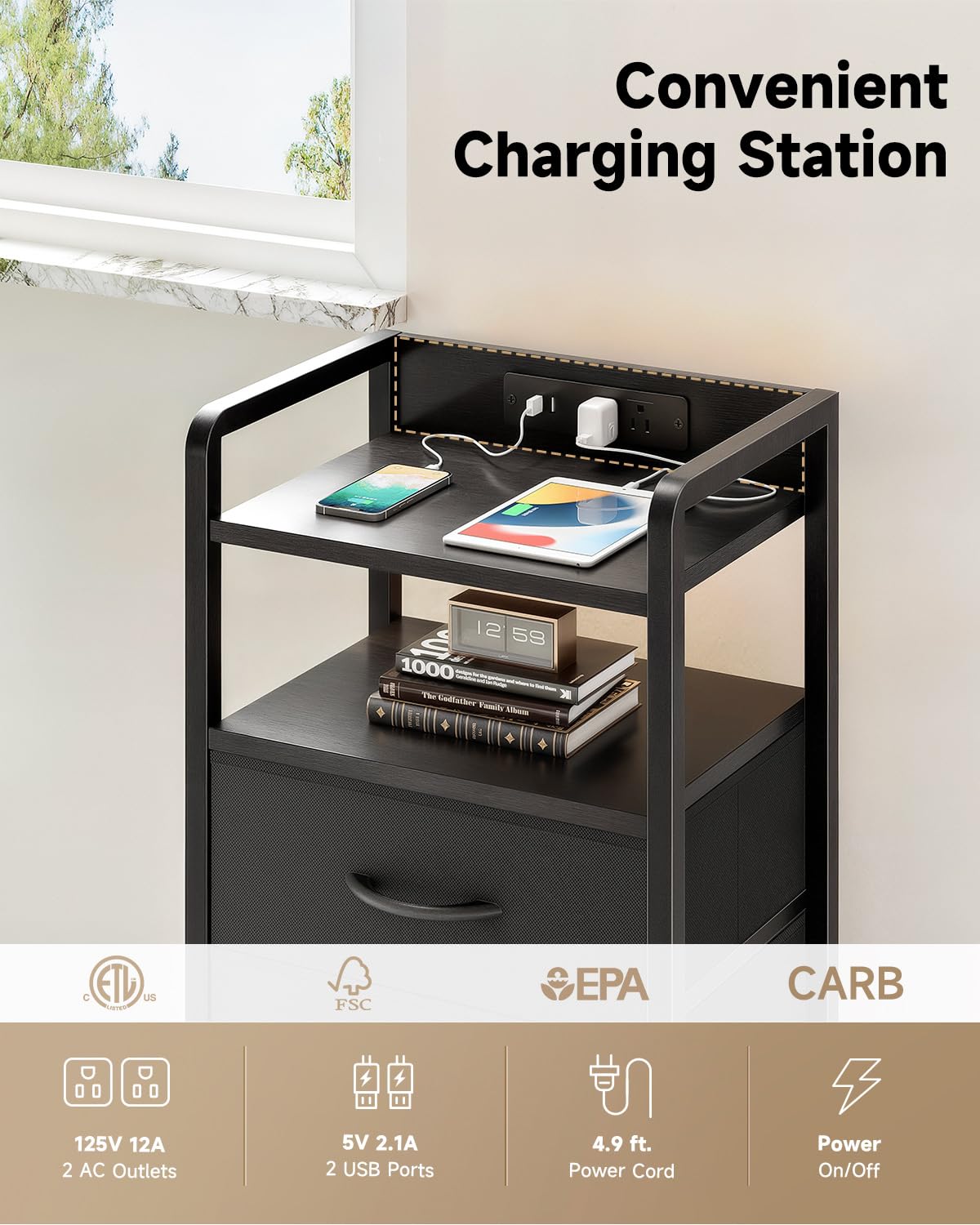 Lazzanto Nightstand with Rear Charging Station, LED Light, 2 Drawers, Black