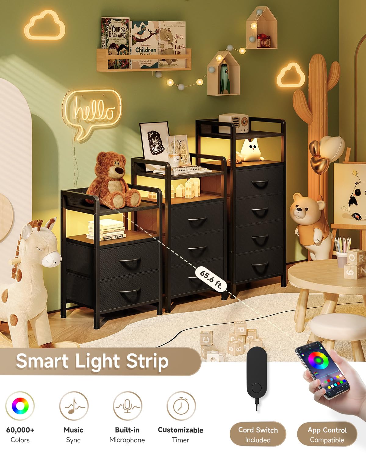 Lazzanto Nightstand with Rear Charging Station, LED Light, 2 Drawers, Black