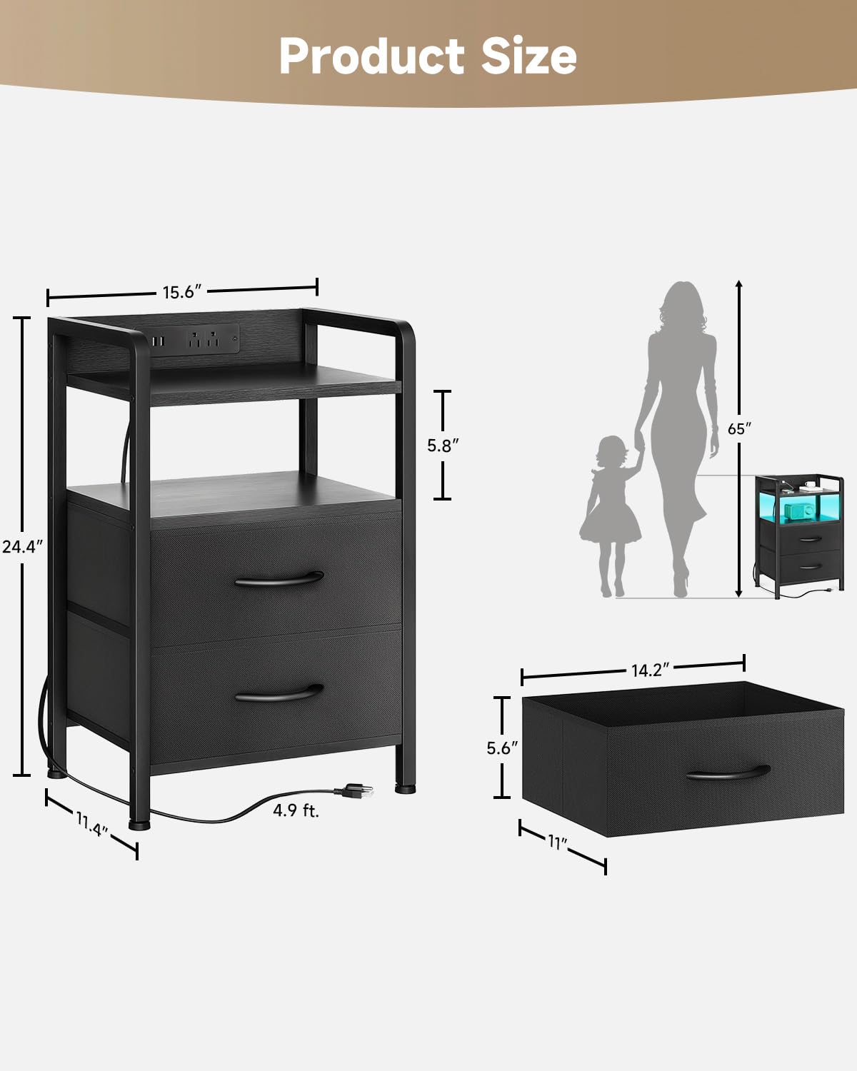 Lazzanto Nightstand with Rear Charging Station, LED Light, 2 Drawers, Black