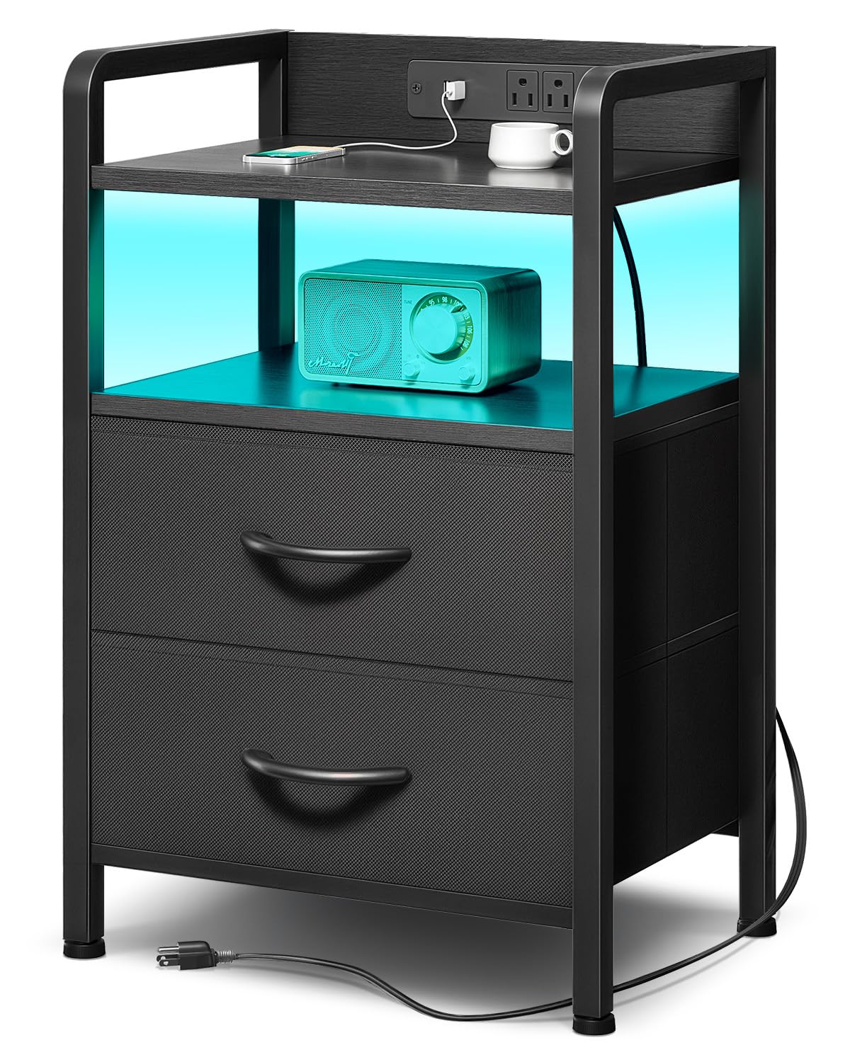 Lazzanto Nightstand with Rear Charging Station, LED Light, 2 Drawers, Black