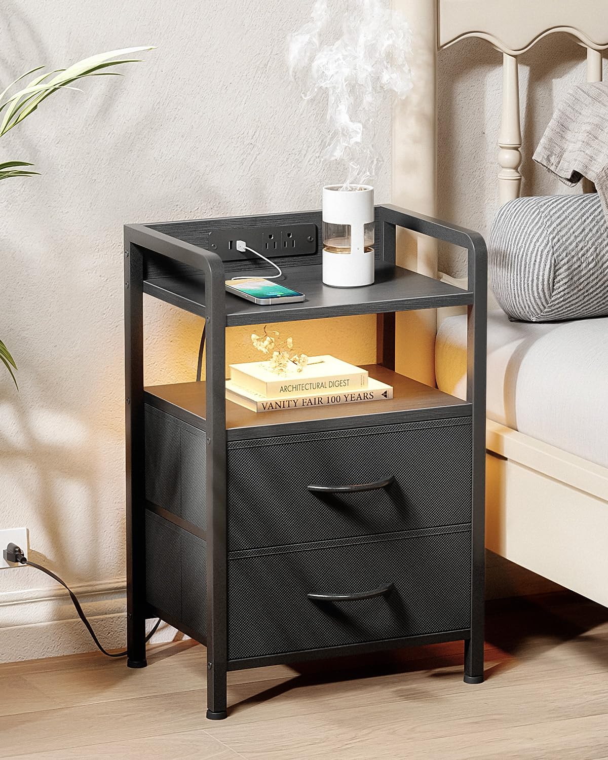 Lazzanto Nightstand with Rear Charging Station, LED Light, 2 Drawers, Black