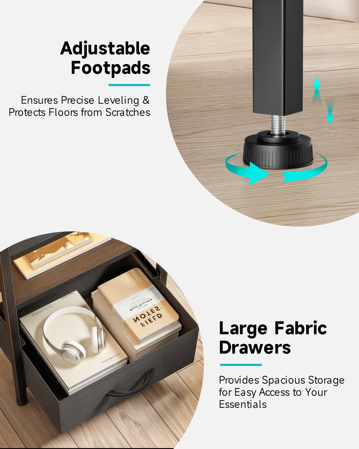 Lazzanto Nightstand with Rear Charging Station, LED Light, 2 Drawers, Black
