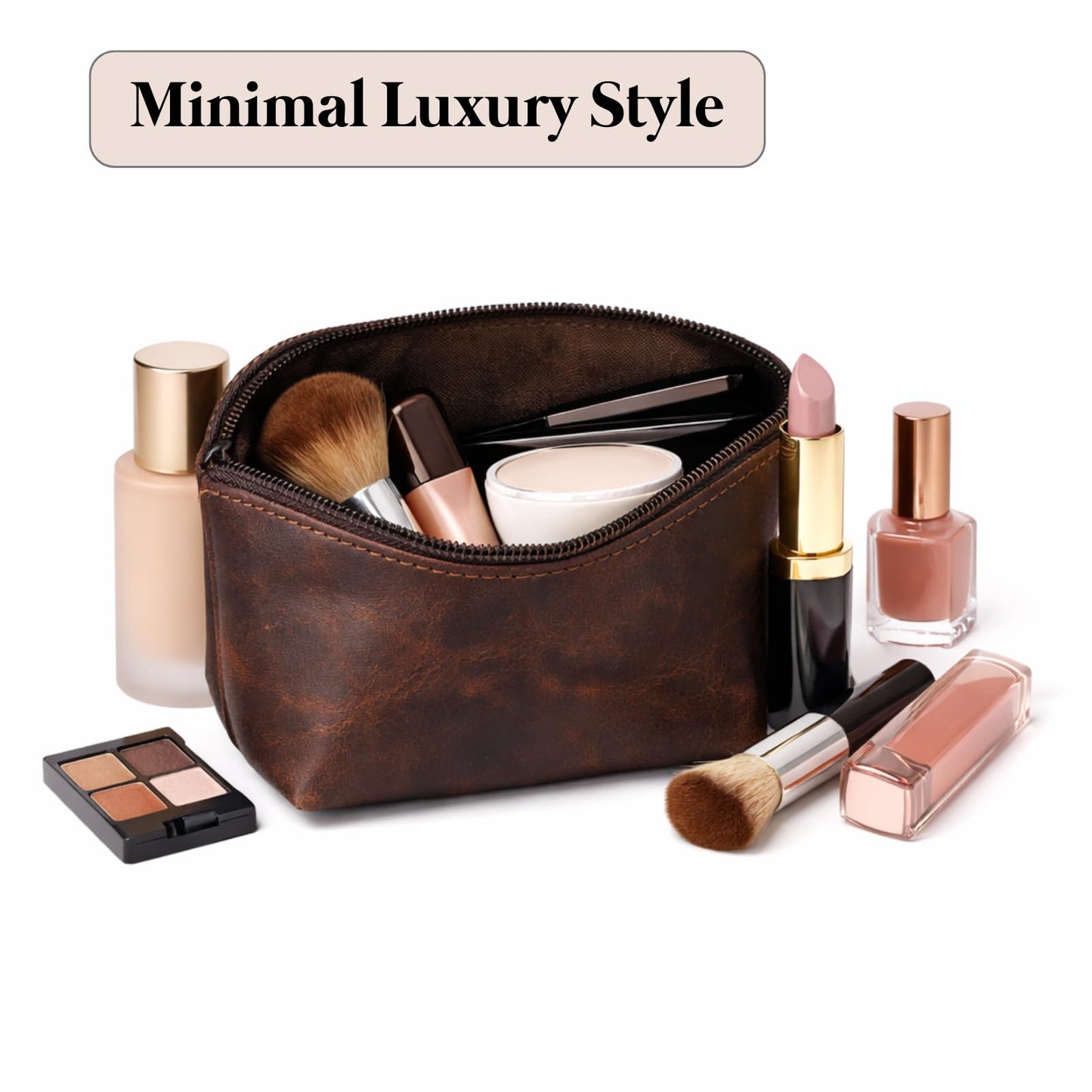 Leather Cosmetic Bag for Women & Men, Handmade Makeup Pouch, Small Travel Toiletry Case, Zippered Jewelry & Coin Organizer, Compact Purse Makeup Storage, Brown Leather (1, Brown, 4 x 4 x 3 Inch)