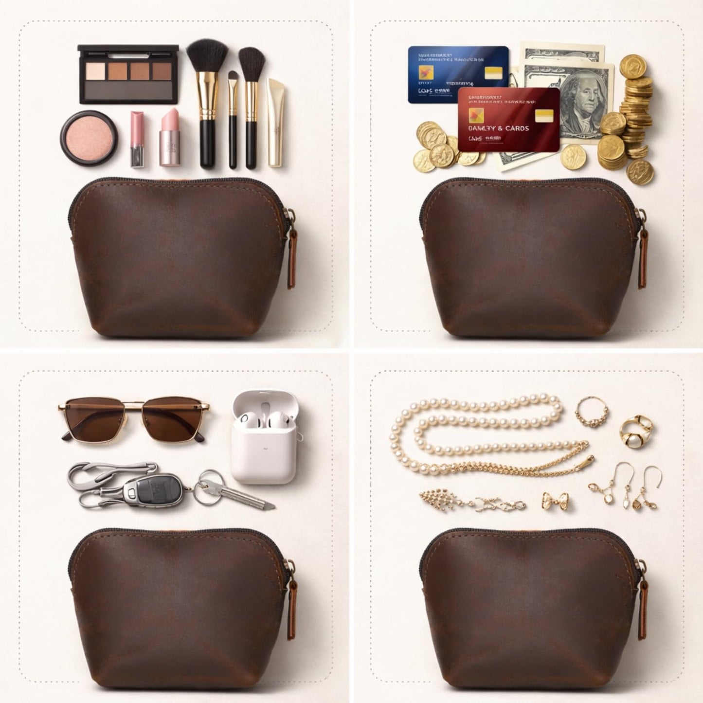 Leather Cosmetic Bag for Women & Men, Handmade Makeup Pouch, Small Travel Toiletry Case, Zippered Jewelry & Coin Organizer, Compact Purse Makeup Storage, Brown Leather (1, Brown, 4 x 4 x 3 Inch)