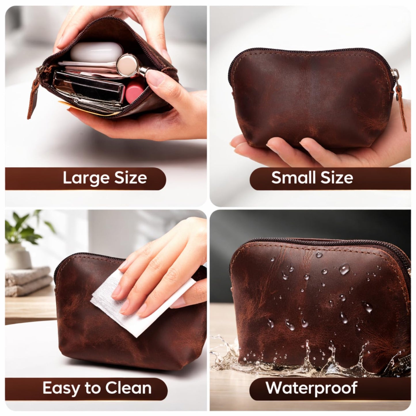 Leather Cosmetic Bag for Women & Men, Handmade Makeup Pouch, Small Travel Toiletry Case, Zippered Jewelry & Coin Organizer, Compact Purse Makeup Storage, Brown Leather (1, Brown, 4 x 4 x 3 Inch)