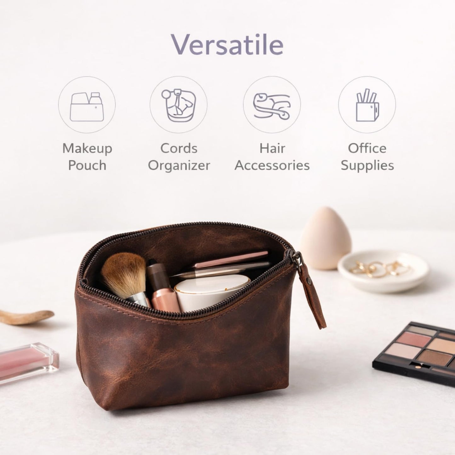 Leather Cosmetic Bag for Women & Men, Handmade Makeup Pouch, Small Travel Toiletry Case, Zippered Jewelry & Coin Organizer, Compact Purse Makeup Storage, Brown Leather (1, Brown, 4 x 4 x 3 Inch)