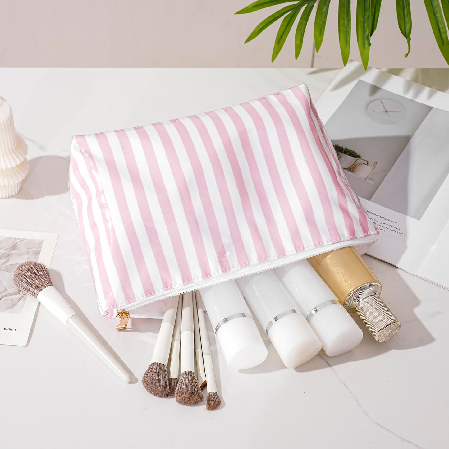 Lestikave Large PVC Waterproof Striped Makeup Bag(04Pink Stripe)