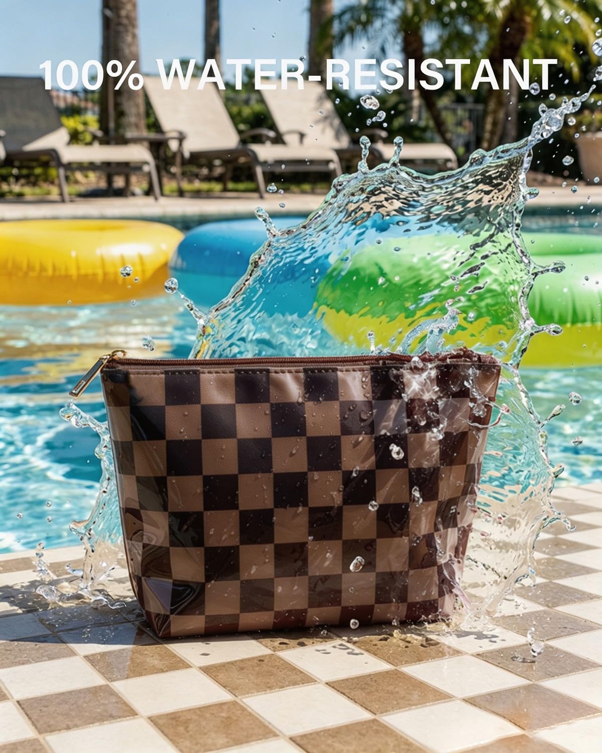 LETGO Dark Brown White Checkered Makeup Bag for Women,Waterproof Travel Beach Cosmetic Pouch,Sandproof Sunscreen Bag Pouch,Preppy Makeup Bag for Vacation Beach Summer Essentials(Checkered-Tan)