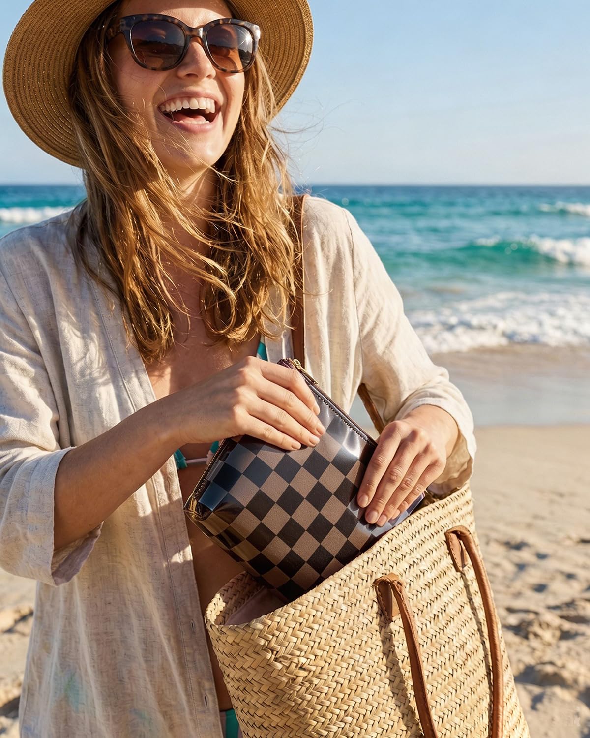 LETGO Dark Brown White Checkered Makeup Bag for Women,Waterproof Travel Beach Cosmetic Pouch,Sandproof Sunscreen Bag Pouch,Preppy Makeup Bag for Vacation Beach Summer Essentials(Checkered-Tan)