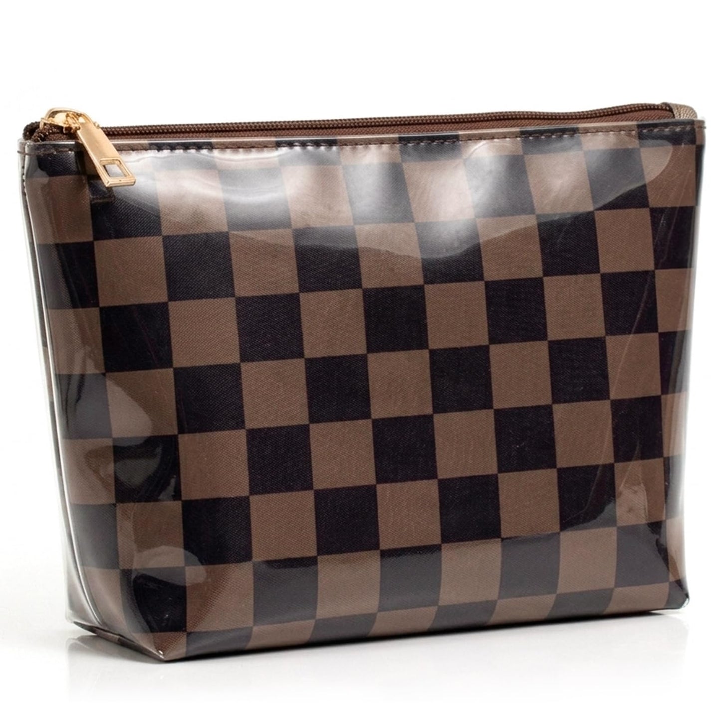 LETGO Dark Brown White Checkered Makeup Bag for Women,Waterproof Travel Beach Cosmetic Pouch,Sandproof Sunscreen Bag Pouch,Preppy Makeup Bag for Vacation Beach Summer Essentials(Checkered-Tan)