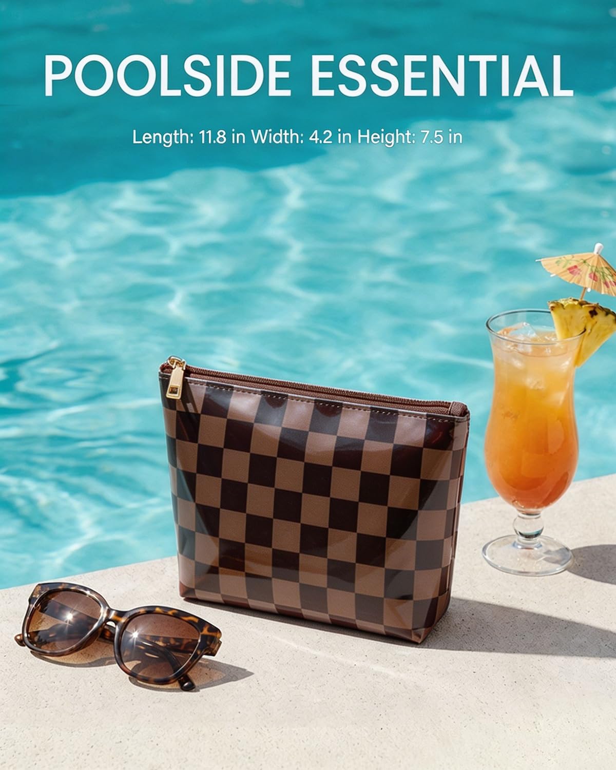 LETGO Dark Brown White Checkered Makeup Bag for Women,Waterproof Travel Beach Cosmetic Pouch,Sandproof Sunscreen Bag Pouch,Preppy Makeup Bag for Vacation Beach Summer Essentials(Checkered-Tan)