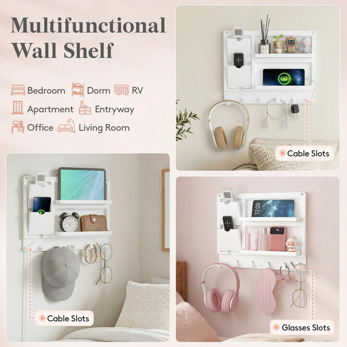 Lifewit Plastic Bedside Wall Shelf, Adhesive Floating Shelves Dorm Decor