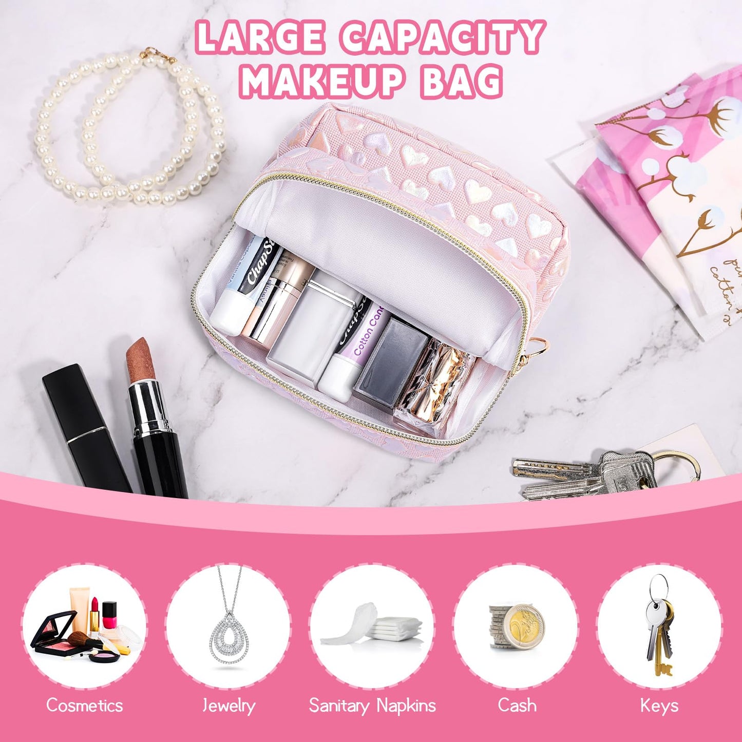 Likesing 5.1" Mini Makeup Bag for Purse, Leather Small Makeup Pouch Travel Cosmetic Make up Bags for Women Girls, Cute Preppy Mini Toiletry Bag Coin Pouch Period Bag(3D Love Pink)