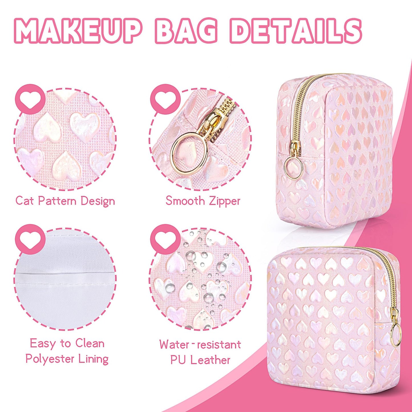 Likesing 5.1" Mini Makeup Bag for Purse, Leather Small Makeup Pouch Travel Cosmetic Make up Bags for Women Girls, Cute Preppy Mini Toiletry Bag Coin Pouch Period Bag(3D Love Pink)