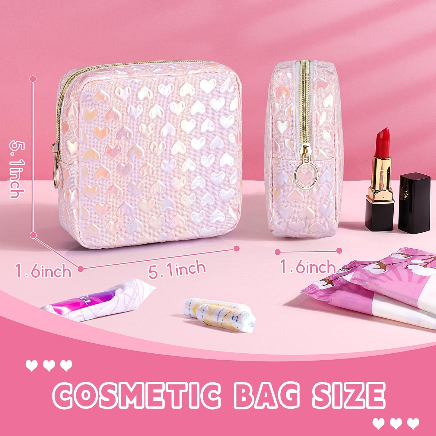 Likesing 5.1" Mini Makeup Bag for Purse, Leather Small Makeup Pouch Travel Cosmetic Make up Bags for Women Girls, Cute Preppy Mini Toiletry Bag Coin Pouch Period Bag(3D Love Pink)