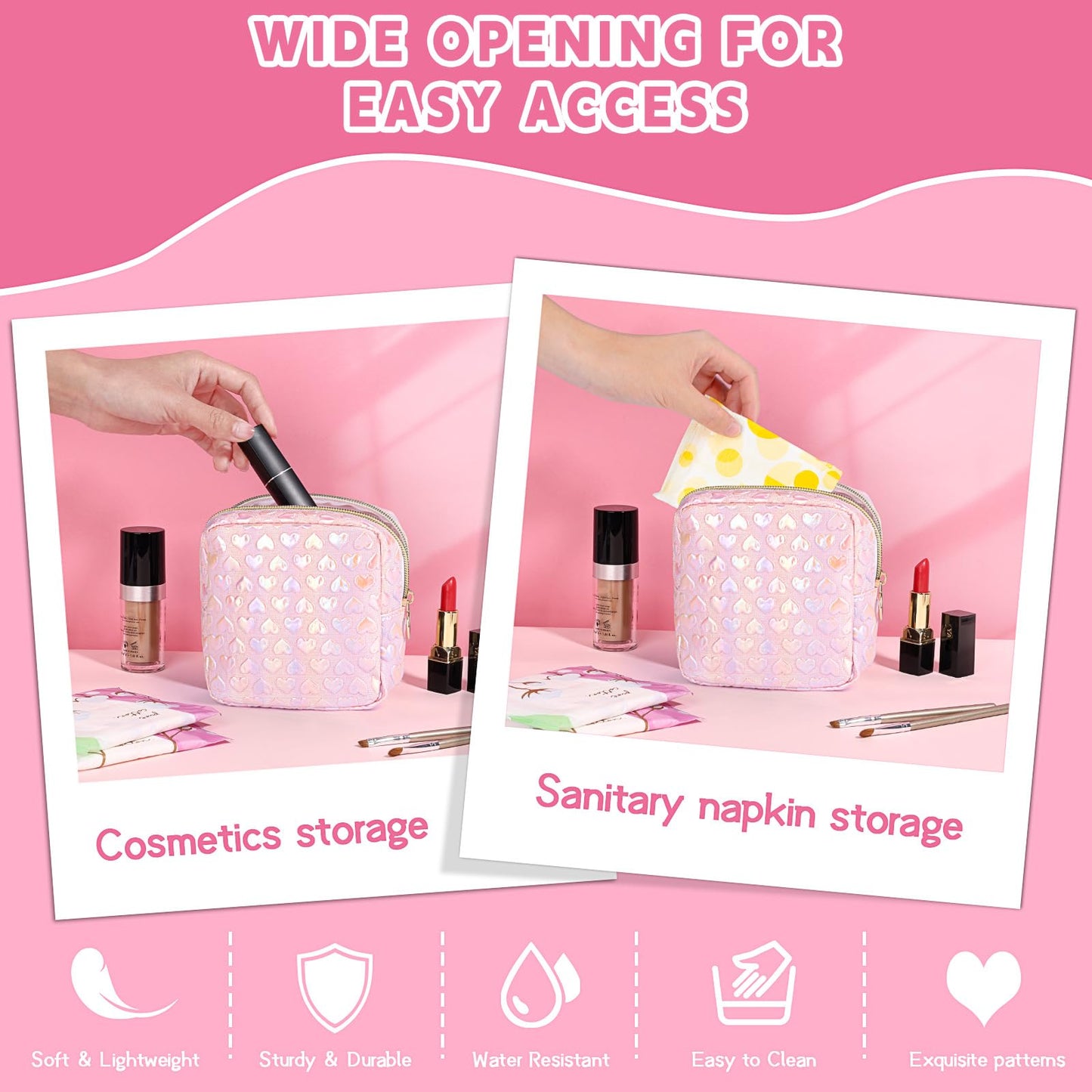 Likesing 5.1" Mini Makeup Bag for Purse, Leather Small Makeup Pouch Travel Cosmetic Make up Bags for Women Girls, Cute Preppy Mini Toiletry Bag Coin Pouch Period Bag(3D Love Pink)