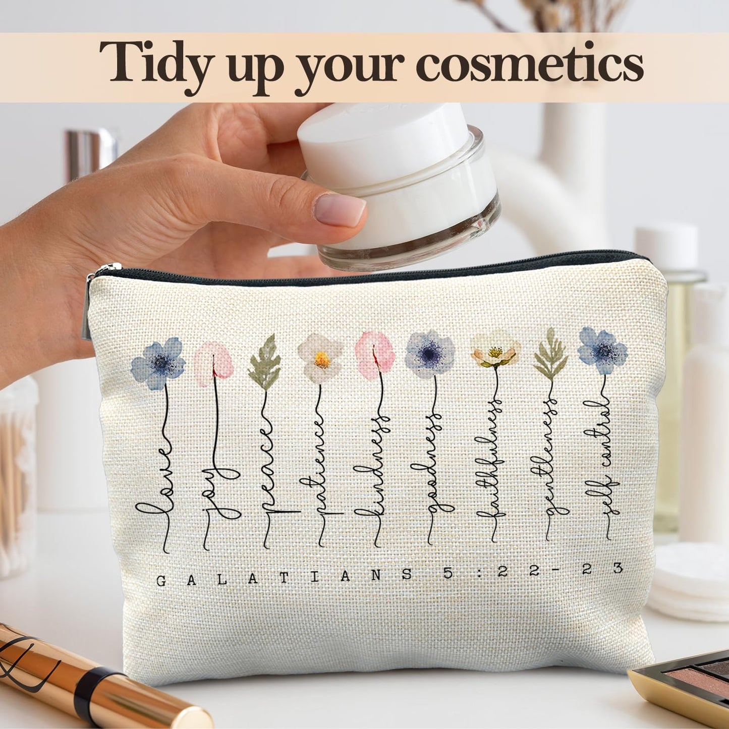 Likjad Christian Gifts Makeup Bag, Floral Christian Cosmetic Bags for Women, Galatians 5:22-23 Bible Verse Makeup Pouch, Faith Based Gifts Zipper Pouch