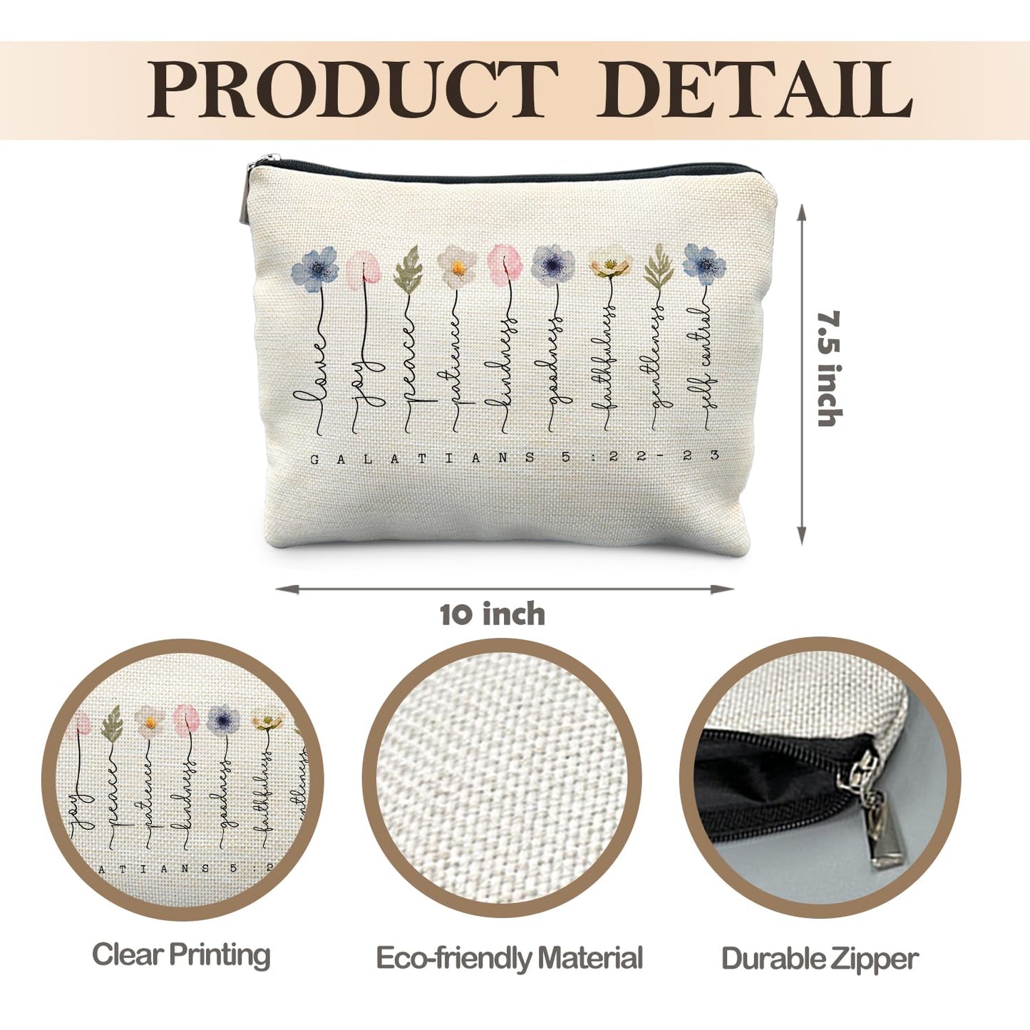 Likjad Christian Gifts Makeup Bag, Floral Christian Cosmetic Bags for Women, Galatians 5:22-23 Bible Verse Makeup Pouch, Faith Based Gifts Zipper Pouch
