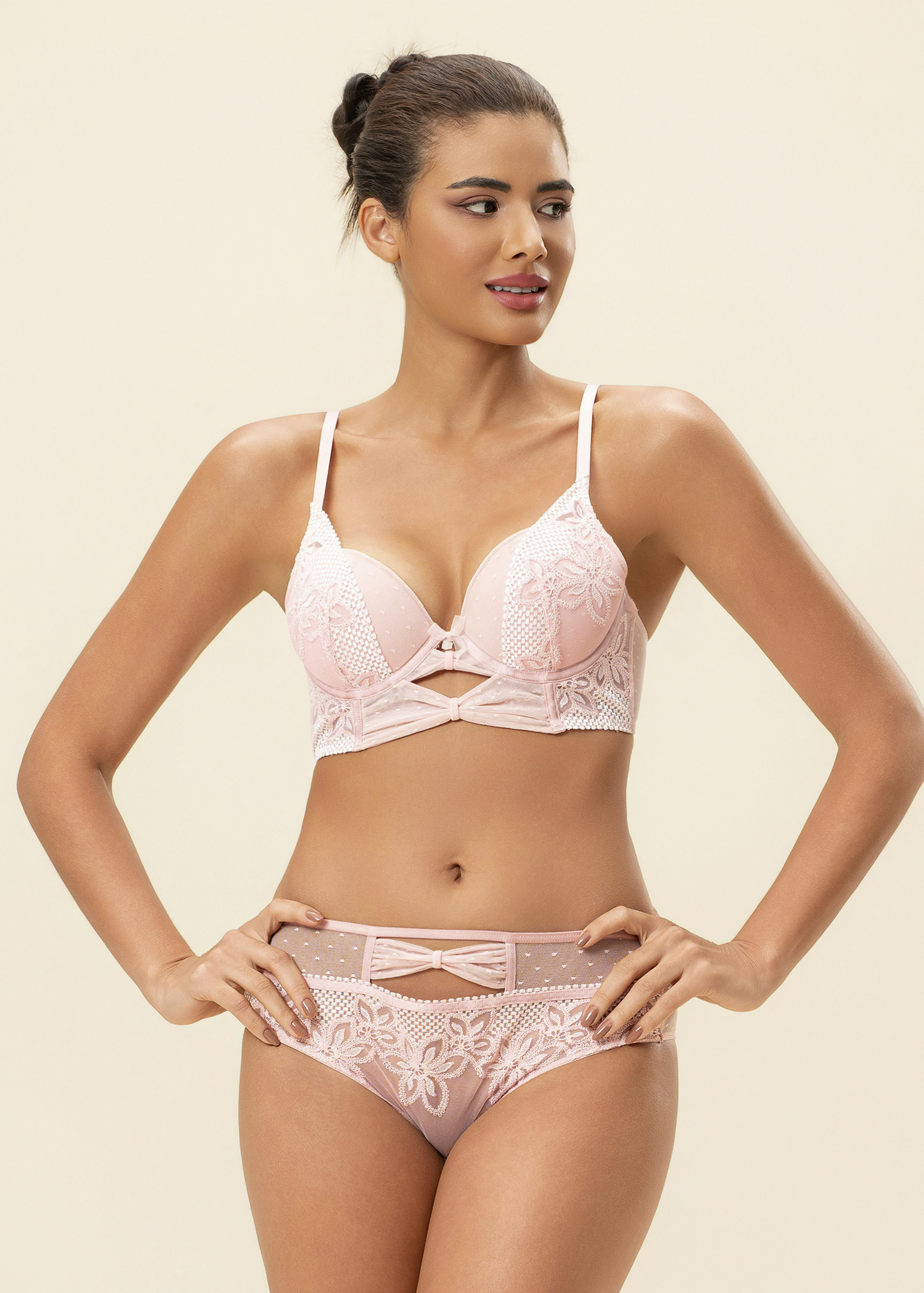 LINA Pink Floral Embroidery Lace Lingerie Set