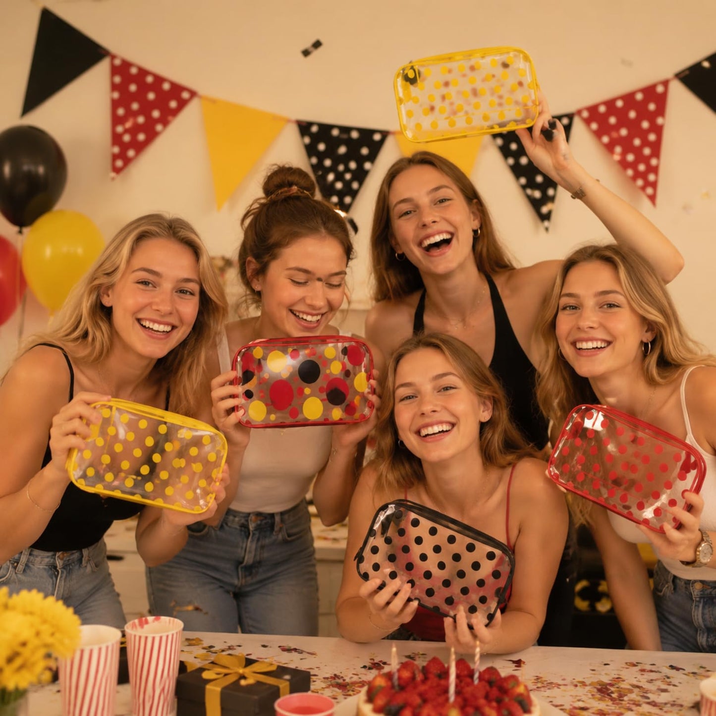 Locmeo 12 Pcs Cartoon Mouse Makeup Bag Bulk Red Yellow White Black Polka Dots Cosmetic Bag PVC Clear Toiletry Zipper Pouch for Women Female Graduation Birthday Party Gifts Decorations Supplies