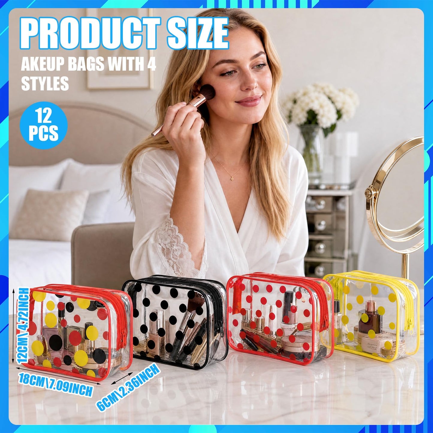 Locmeo 12 Pcs Cartoon Mouse Makeup Bag Bulk Red Yellow White Black Polka Dots Cosmetic Bag PVC Clear Toiletry Zipper Pouch for Women Female Graduation Birthday Party Gifts Decorations Supplies